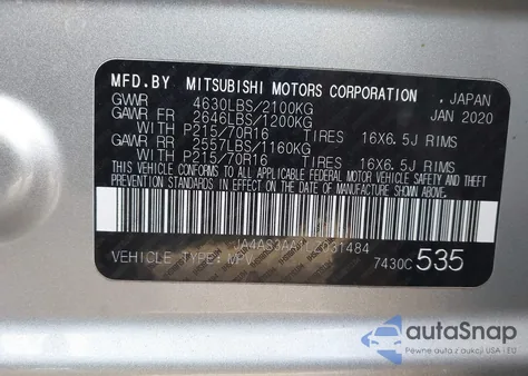 2020 Mitsubishi Eclipse Cross Es 1.5T z USA, uszkodzony, nr VIN JA4AS3AA1LZ031484